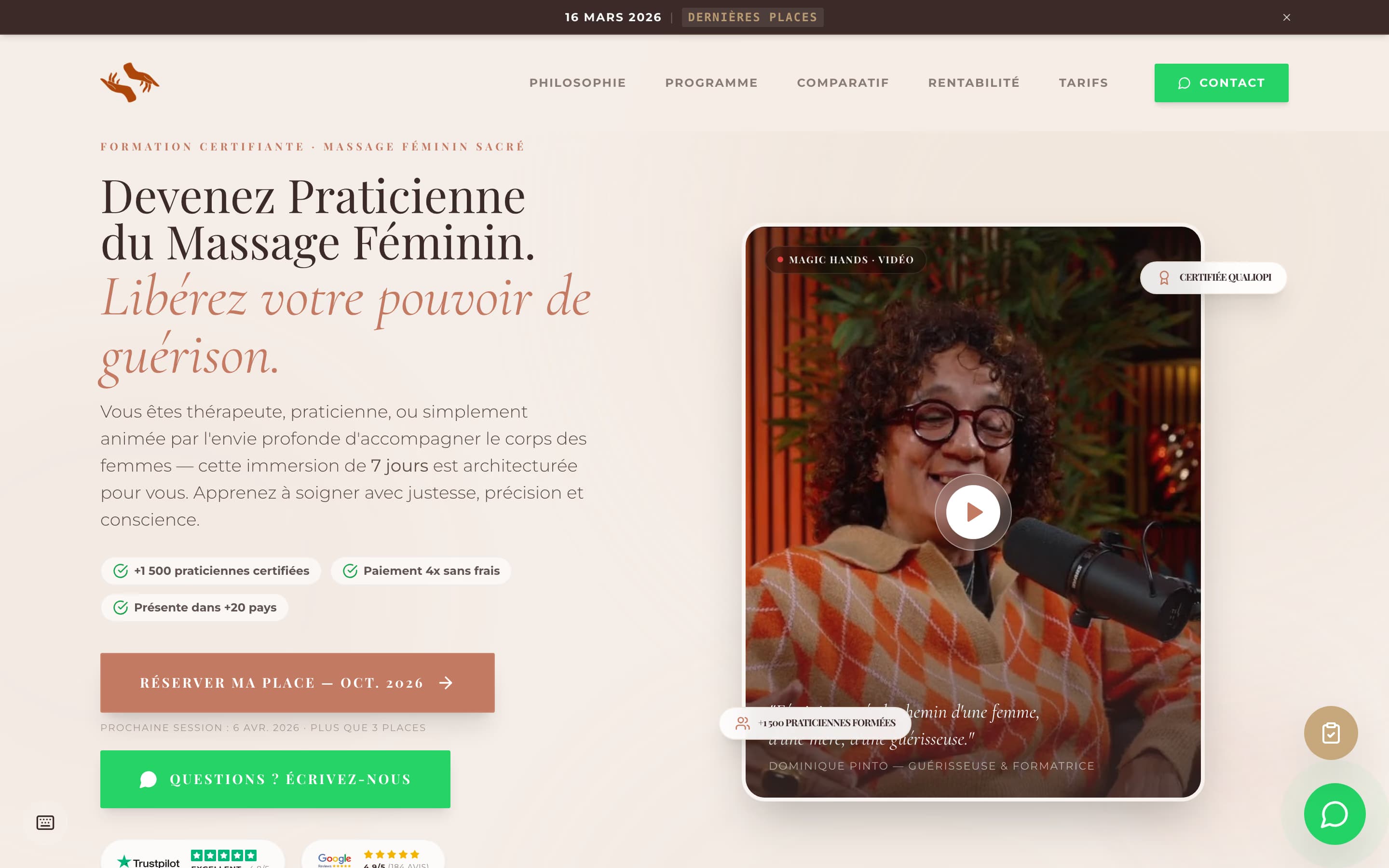 Magic Hands Féminin Sacré — landing page for a certifying feminine massage formation