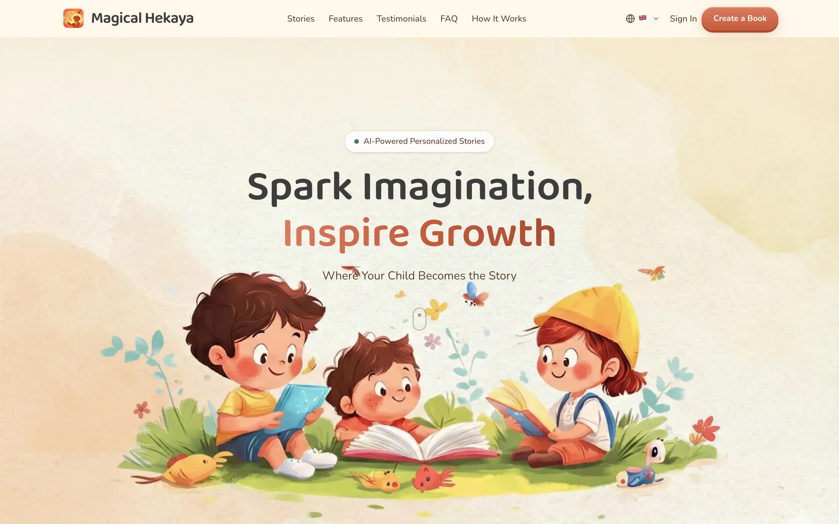Magical Hekaya landing page — AI-generated personalized children's storybooks