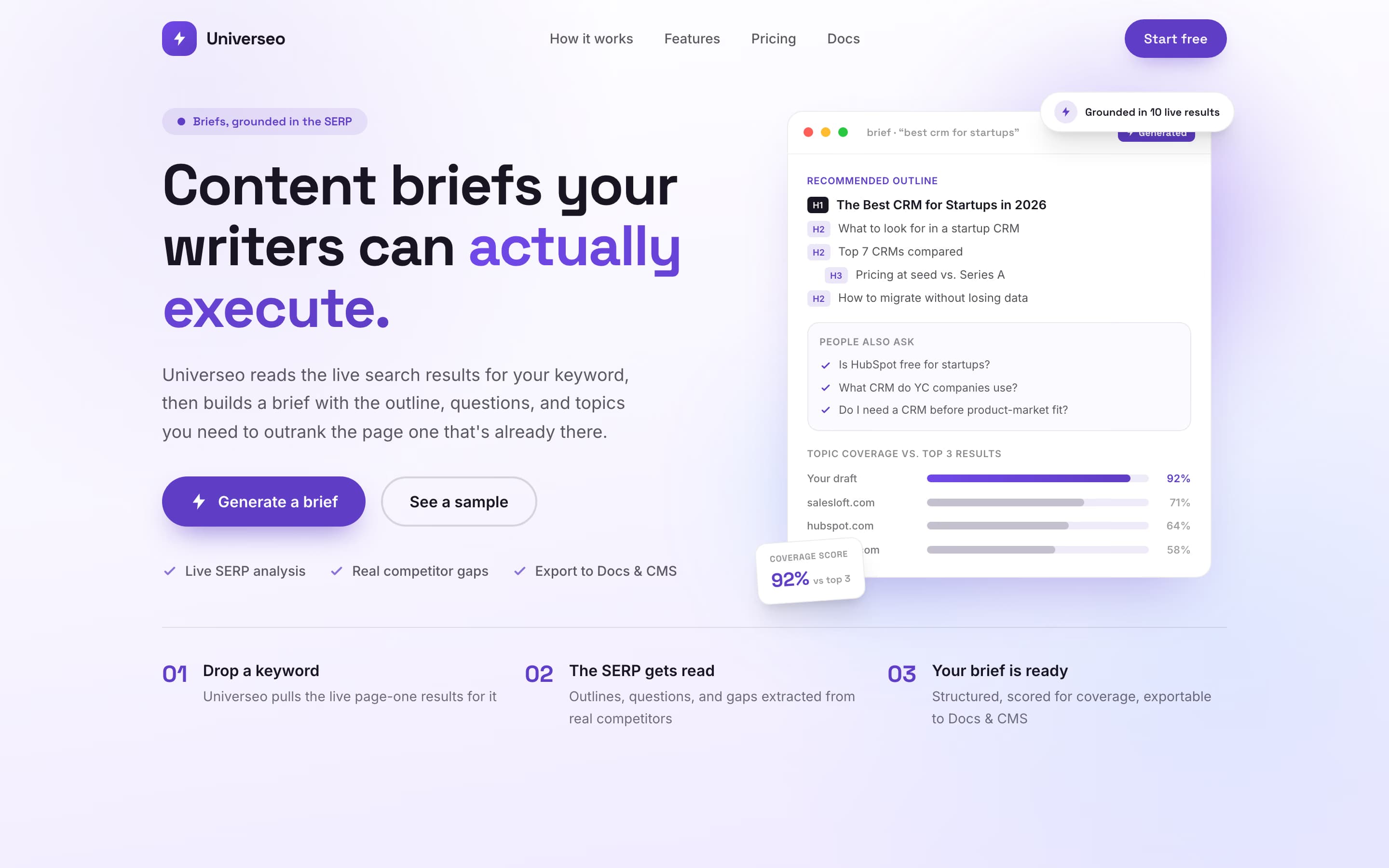Universeo — SERP-grounded SEO content brief generator